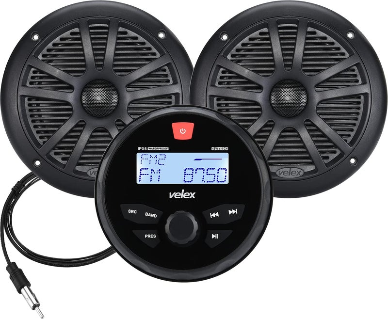 Velex Marine Stereo Speaker Package Bluetooth, MP3 USB AM FM Marine Stereo - 2 x 6.5 Inch Black Speakers, Antenna - Image 1